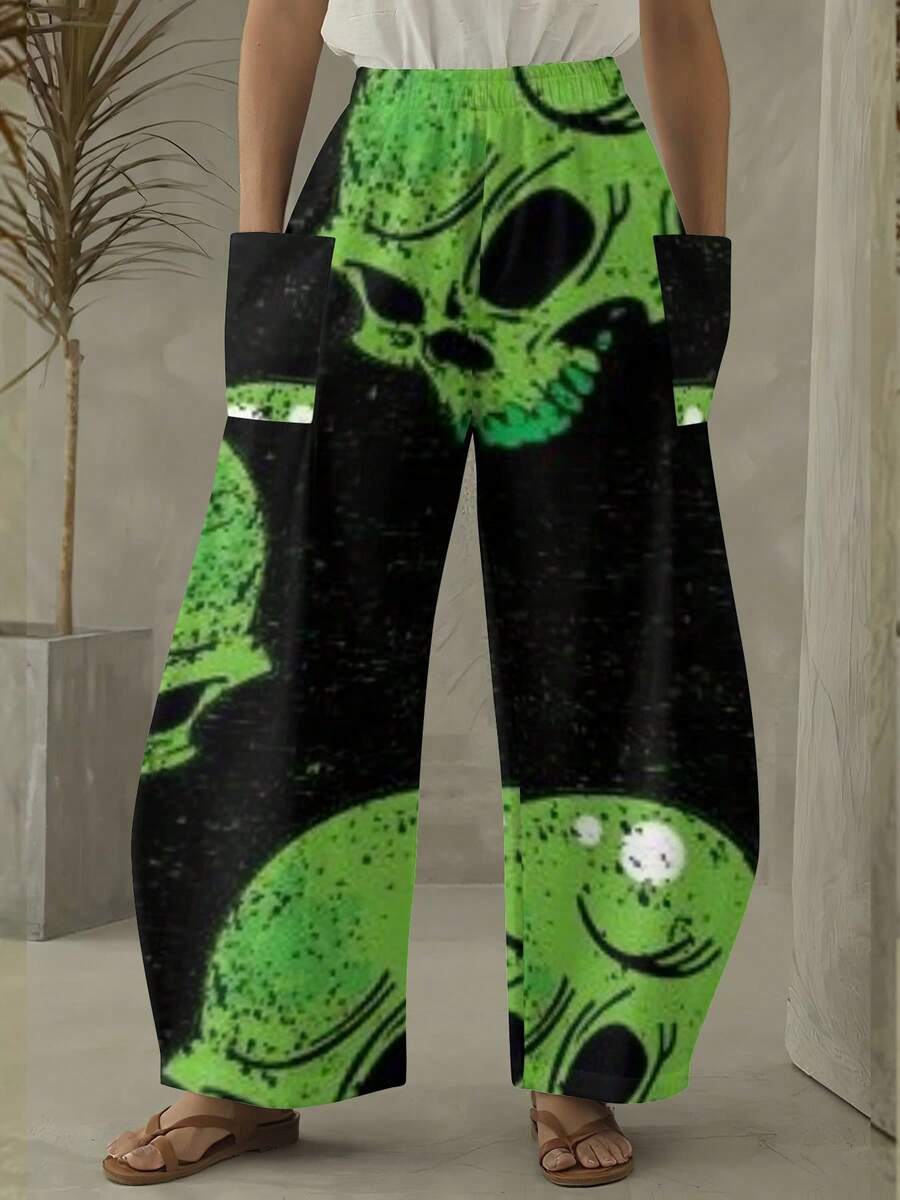 2026 Summer New Styles Green Skulls On Black Background Pattern Print Women's Wide-Leg Pants All-Season Machine Washable Plus Size - 白色 - 查看 1