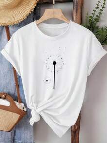 Vintage, Retro, Y2K - camiseta de algodón puro para mujer, top de verano, camiseta casual de manga corta, estampado de diente de león, diseño simple y natural, adecuada para uso diario casual, tela transpirable y ligera, lavable a máquina, top casual para mujer, top básico para mujer - Maternidad, Verano, Invierno. - Blanco - Ver 6