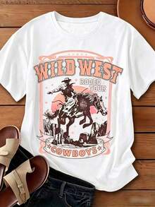 Playeras de mujer, ropa de talla grande para mujer, estampado occidental, diseño de caballo vaquero "Wild West Rodeo Tour", estilo vintage, camiseta casual de manga corta 100% algodón para mujeres con curvas, camisetas gráficas para mujer, tops, conjuntos de verano, blusas para mujer. - Blanco - Ver 7