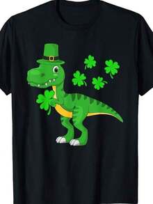 Women's Short-Sleeved T-Shirt With Round Neck And Print: Dinosaur Wearing A Hat Holding A Clover, Sizes S-3XL. Fashionable, Comfortable, And Breathable. Machine Washable. - 黑色 - 查看 1