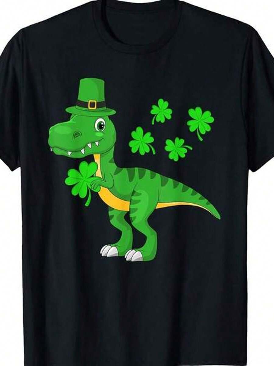 Women's Short-Sleeved T-Shirt With Round Neck And Print: Dinosaur Wearing A Hat Holding A Clover, Sizes S-3XL. Fashionable, Comfortable, And Breathable. Machine Washable. - 黑色 - 查看 1