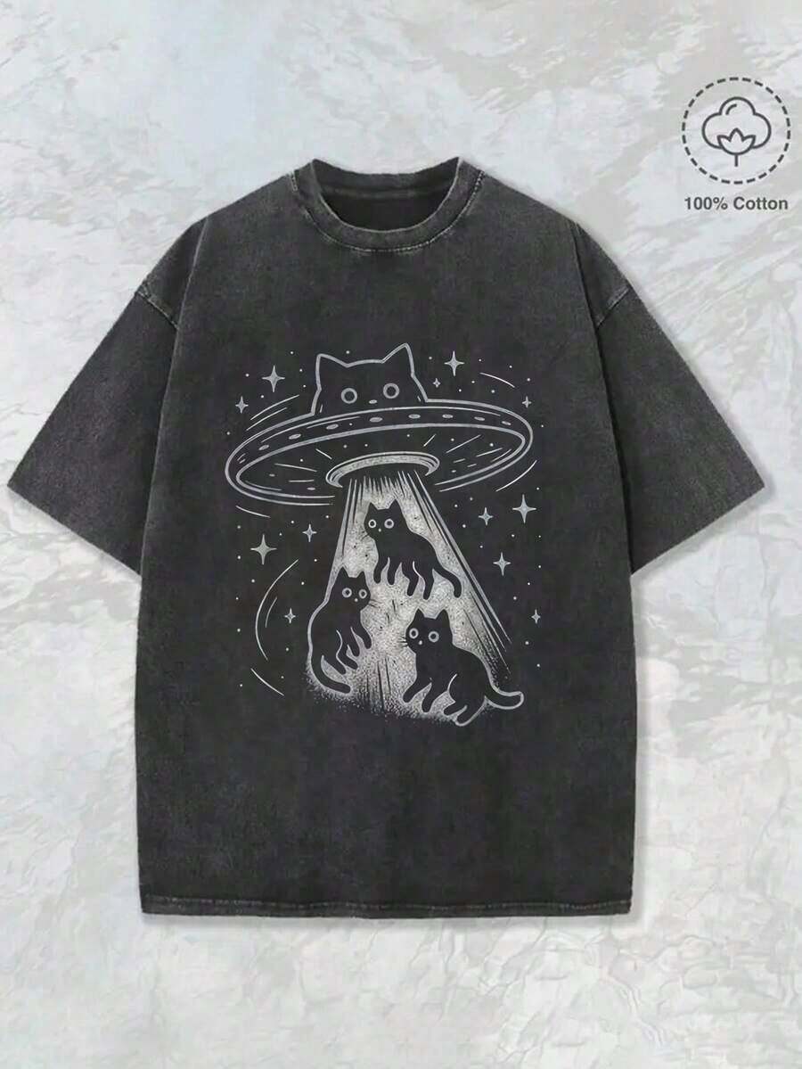 Unisex Y2k T-Shirt Gothic T-Shirts Grunge Clothes Funny Cat UFO Cute Kitty Space Spaceship Alien Aesthetic Print Washed T Shirt 230gsm, Round Neck Gym & Outdoor Sports Apparel, All-Season Fitness Shirt, Training Gear, Sporty Design, Durable Construction, Performance Wear, Casual Athletes, Gym Shirts, Comfortable Fit Shirt, Workout Clothing, Street Style - 黑色 - 查看 1