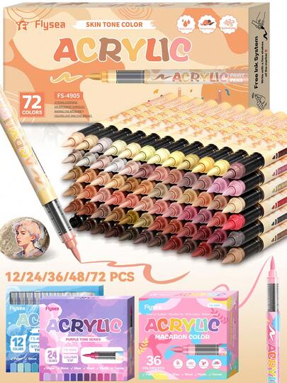 Flysea Acrylic Paint Markers, 12/24/36/48/72pcs Set, Direct-Liquid Soft Tip, 72 Skin Tones & 36 Macaron Colors & 10 Theme Colors Available, Painting Graffiti, Coloring Combination, Professional Painting Tools, Back To School Student Supplies, Holiday Gift Halloween Christmas Easter Graffiti, Especially Suitable For Boys/Girls Student Gifts, Back To School & Teacher Rewards.