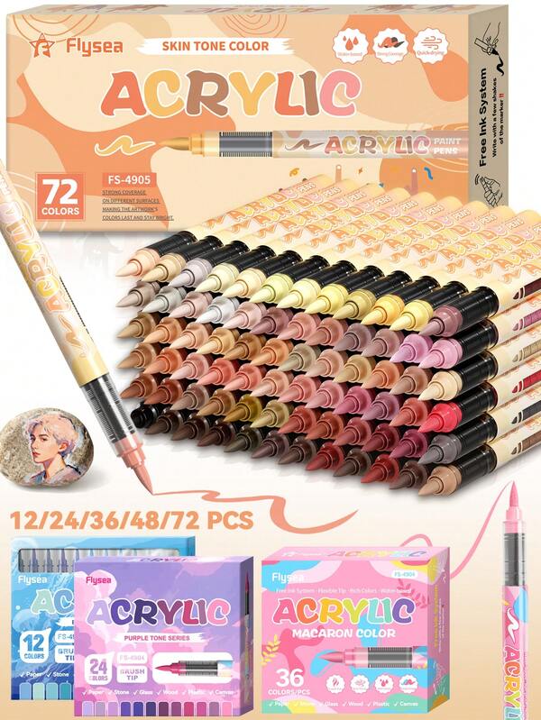 Flysea Acrylic Paint Pens (Set), Soft-Tip Liquid Ink Color Mixing Pens 12/24/36/48/72pcs Gradient Colors, Multiple Color Options Available, Painting & Doodling, Skin Tone & Macaron Color Series, Coloring Set, Professional Art Tools, Back To School Essentials, Perfect For Holiday Gifts, Essential School Supplies