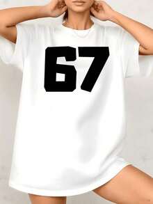 1 Piece Women's T-Shirt With Vintage Retro Graphic Print, Bold Number 67, Urban Casual Wear, 100% Cotton, Round Neck - 白色 - 查看 7