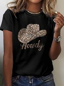 Camiseta con Estampado de Sombrero de Vaquero y Leopardo Howdy, Manga Corta, Cuello Redondo, Estilo Casual para Verano y Primavera, Ropa de Mujer - Negro - Ver 6
