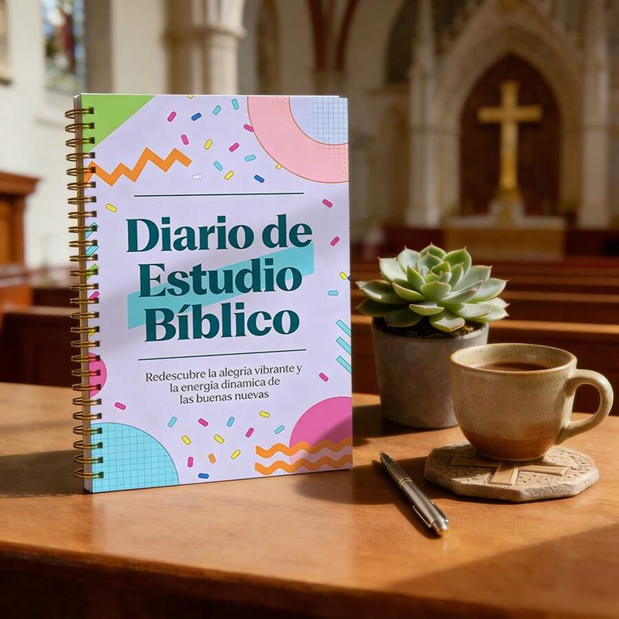 1pc A5 Notebook, Spanish Bible Study Journal - Memphis Style Colorful Pattern Cover Spiral Bound Notepad, Suitable For Bible Study, Spiritual Reflection, And Faith Notes School Supplies - A5 - View 1