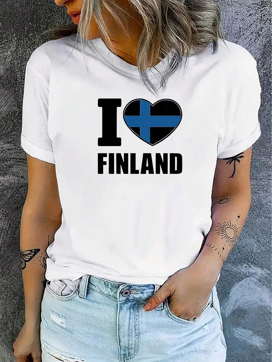 Short-Sleeve Sports T-Shirt With Round Neck And Finnish Flag Print, Women's Sportswear, Summer Fashion Cotton T-Shirt - 白色 - 查看 1