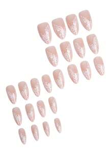24pcs Medium Almond Shaped Acrylic Nail Tips, White Lace Nude Glossy Fake Nails, Fresh White Floral Leaf Pattern With Simple Grid Design, Perfect For Summer Daily Casual Wear - White - View 4