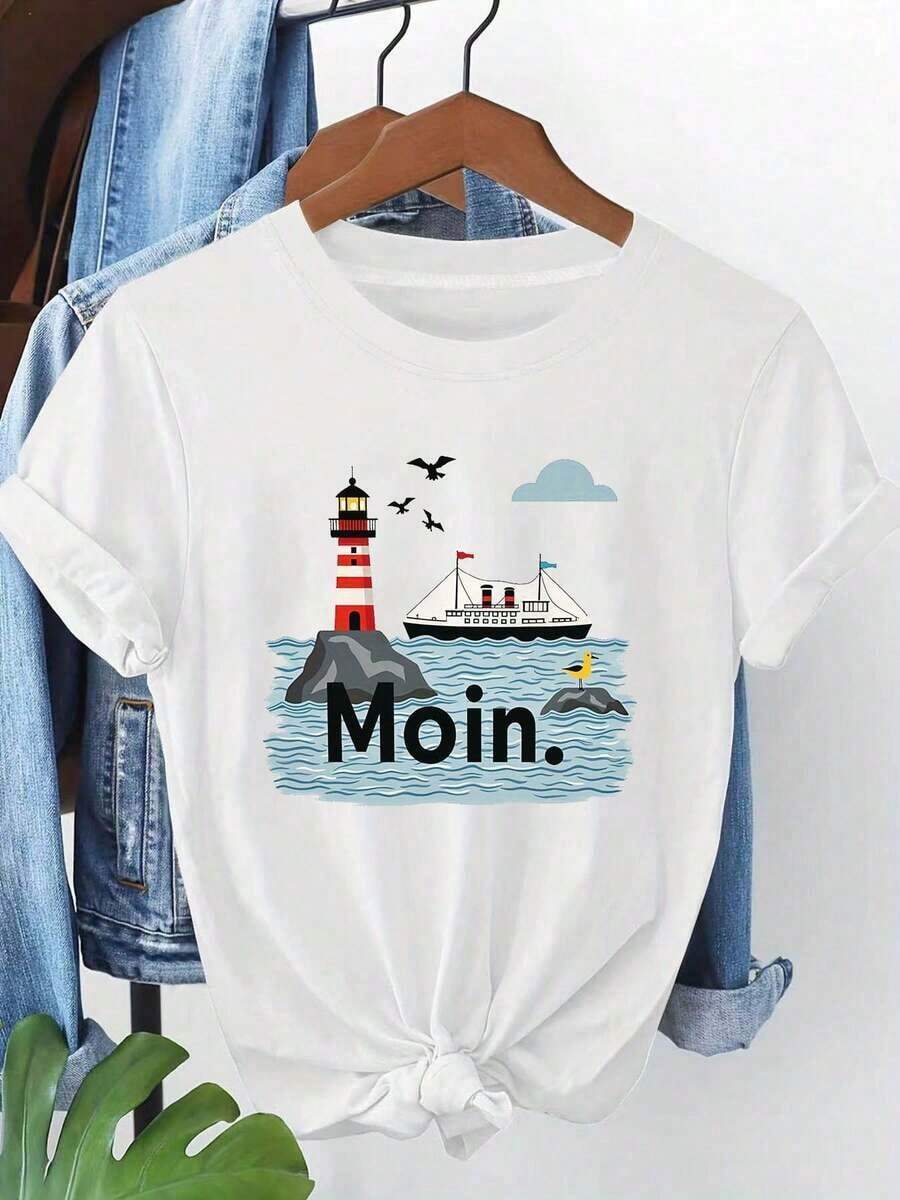 Modern Minimalist Summer Outfits For Women, Great , Women's Graphic Print T-Shirt, Casual Short Sleeve Top For Summer And Spring, Women's Clothing, Protective Phone Case, Vacation Outfits, Casual Everyday Wear For Women - 白色 - 查看 1
