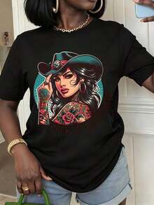 1pcs Women's Tops Summer T-Shirt With With Cowboy Hat And Tattoo Artwork Casual Round Neck Short Sleeve Tee For Spring And Summer Gifts For Friends And Familyplayeras De Mujer - 黑色 - 查看 6