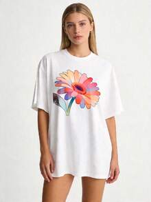 Camiseta premium de talla grande para mujer, tallas S-2XL, de manga corta, cuello redondo, corte holgado, de color sólido y con estampado floral colorido. Ideal para conjuntos familiares a juego, para usar en primavera y verano, un regalo para mamá, para el Día de la Madre, uso casual diario (lavable a máquina), ecológica. - Blanco - Ver 8