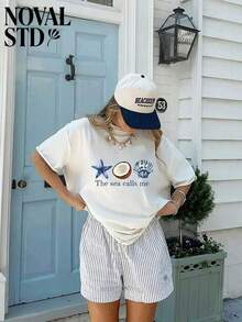 1 Piece Of Women's Cotton Blend Regular Sleeve T-Shirt With The Theme "Sea Calls Me", Casual Top, Fashionable For Everyday Wear, Suitable For Daily Use. 180g 100% Cotton. - 白色 - 查看 1