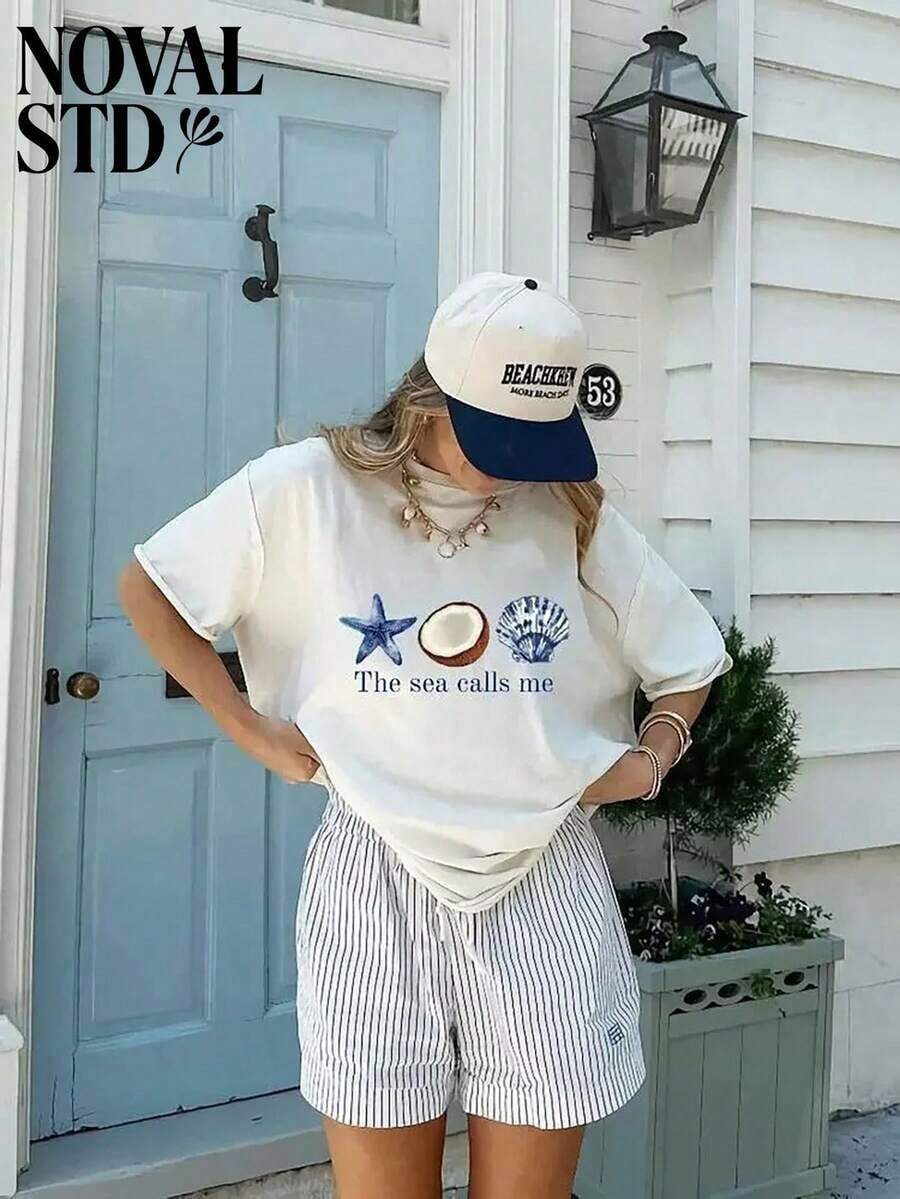 1 Piece Of Women's Cotton Blend Regular Sleeve T-Shirt With The Theme "Sea Calls Me", Casual Top, Fashionable For Everyday Wear, Suitable For Daily Use. 180g 100% Cotton. - 白色 - 查看 1