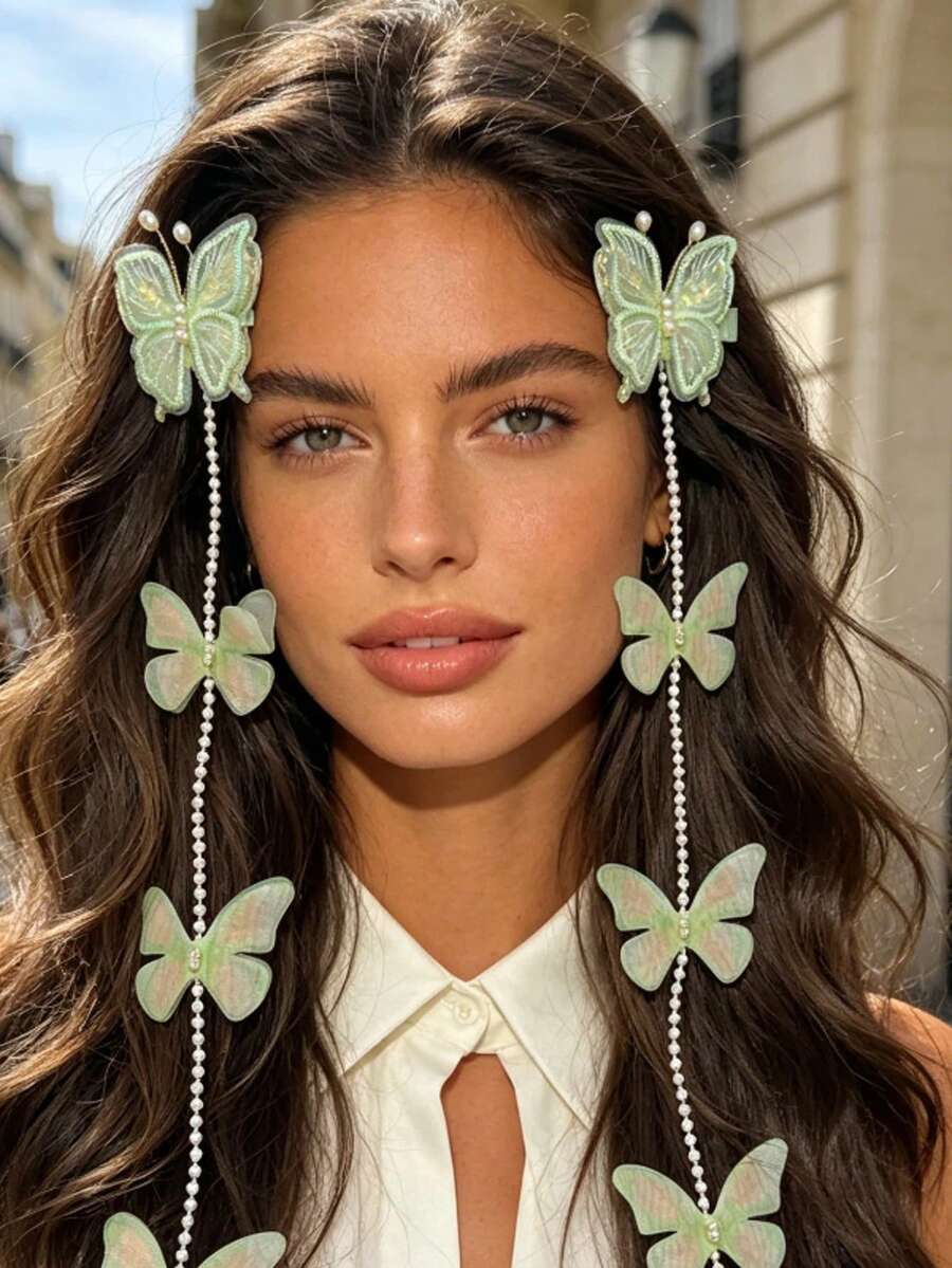 2pcs Fashion Tassel Faux Butterfly Hair Clips, Bridal Headpiece Hair Accessories, Vacation Style Hair Clips, Atmosphere Feeling Hair Clips For Women,Hair Barrettes,Hair Claws - Multicolor - View 1