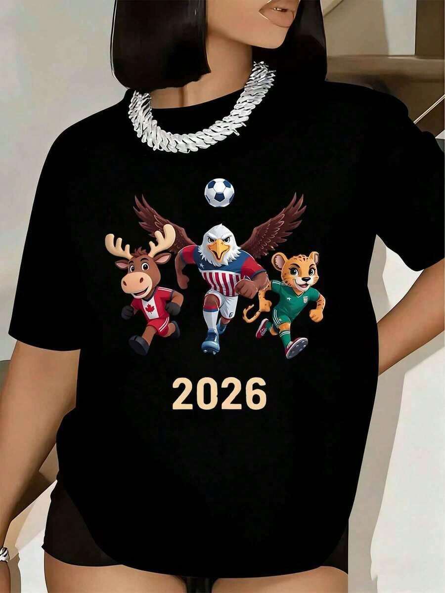 Women's T-Shirt With Cartoon Animal And Football Print 2026, Short Sleeve, Round Neck, Casual Summer Style, Basic Blouse For Women, Women's Blouse, Urban Style T-Shirt, Casual T-Shirt For Festivals And Daily Wear. - 黑色 - 查看 1