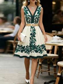 Decorative Holiday-Style Floral Maxi Dress, Suitable For Everyday Wear, Elegant And Romantic With A Deep V-Neck And Belt For Women - 彩色 - 查看 10