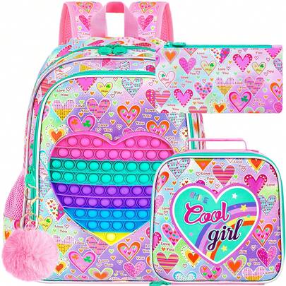 Bộ 3 balo cho bé gái, balo hình trái tim 16 inch kèm hộp cơm, cặp sách cho trẻ tiểu học, mẫu giáo và trẻ nhỏ.