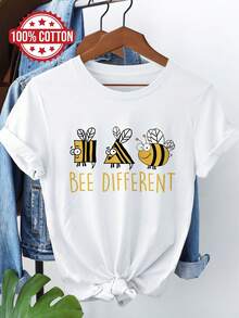 Ropa de verano para mujer, estilo de dibujos animados, estampado de texto "bee Different" con abeja, camiseta casual de manga corta y cuello redondo, Chu K - Blanco - Ver 2