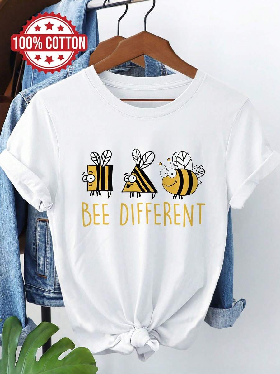 Ropa de verano para mujer, estilo de dibujos animados, estampado de texto "bee Different" con abeja, camiseta casual de manga corta y cuello redondo, Chu K