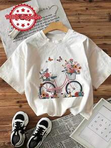 Camiseta con estampado gráfico, Top casual de manga corta con cuello redondo para verano y primavera, Ropa de mujer - Blanco - Ver 2