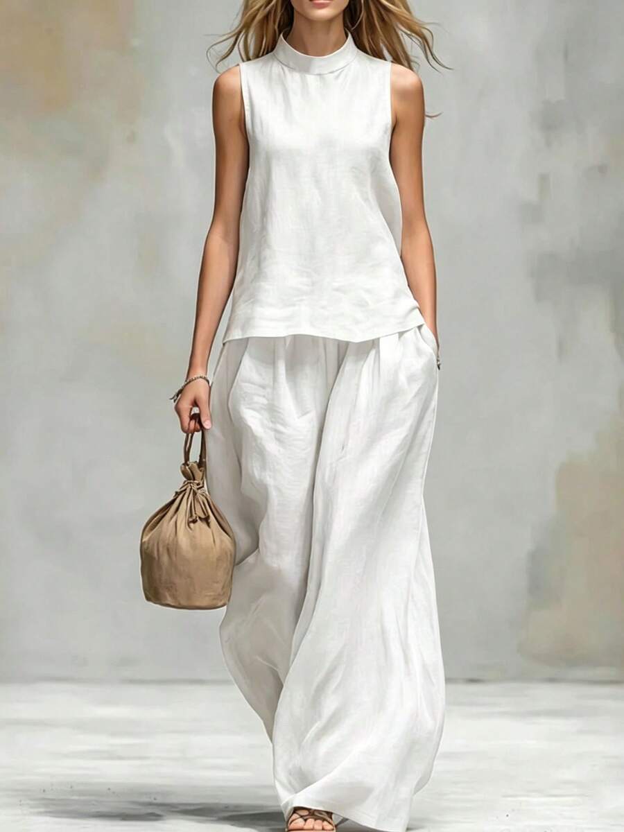 Women's Two-Piece Set, European And American Style 2026, With High Neck, Sleeveless, Cotton And Linen, Solid Color. - Putih - View 1