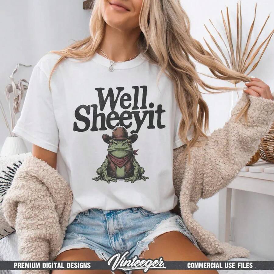 Gráfico digital imprimible - Rana vaquera divertida - Humor del oeste - Gráfico de sublimación de vaquero humorístico - Camiseta retro del oeste - Blanco - Ver 1