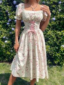 xheGlamine Vestido con cuello de volantes, mangas abullonadas, cintura con lazo y estampado de flores diminutas en patchwork, con estilo francés elegante para vacacionesxhe - Multicolor - Ver 4