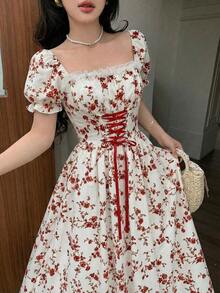 PETITE Vestido maxi elegante de vacaciones con cuello de volantes, mangas de pétalos, cintura con lazo y estampado de parches florales románticos en rosa - Rojo - Ver 5