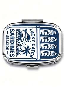Sardine Pattern Metal Double-Layer Square Portable Medicine Box, Multi-Functional Vitamin Capsule Tablet Jewelry Storage Box, Best Home Friend Gift, Pocket Portable Size, Cute Medicine Sorting Box, Medical Medicine Box, Personal Medicine Bottle, Jewelry Box, Medicine Sorting Box, Interesting Design, Cubic Container, Durable Shell, Moisture-Proof Material, Portable Medical Kit, Tablet Separation, Travel Necessities, Home Gifts - Multicolor - View 3