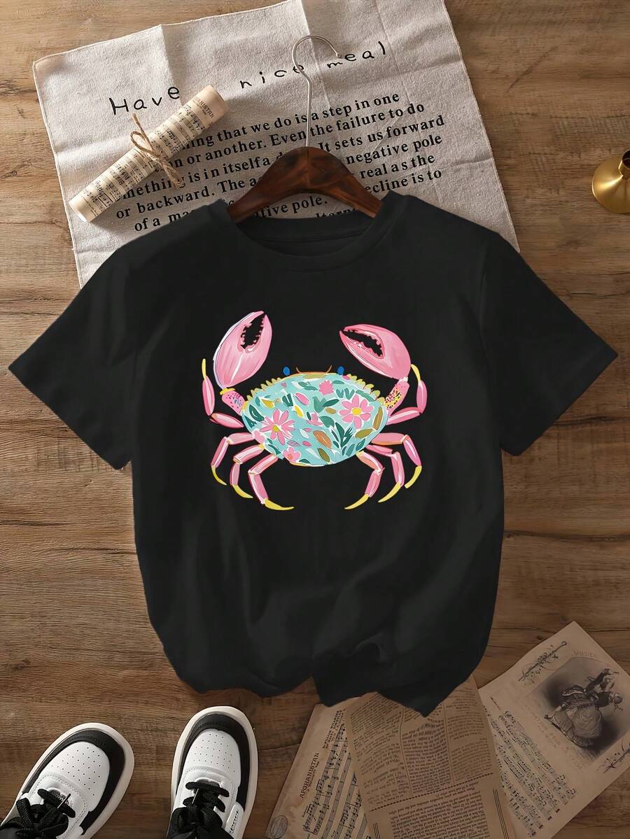 Limited Time Offer, Limited Quantities, Flash ! Women's Casual Shirts, Women's Polyester T-Shirts, Elegant Shirts. Pink Crab Print T-Shirt, Casual Short-Sleeved Crew Neck Top, Suitable For Spring And Summer, Women's Clothing - 黑色 - 查看 1