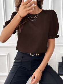 Blusa con mangas abullonadas sólidas, blusas de manga corta - Café integral - Ver 1