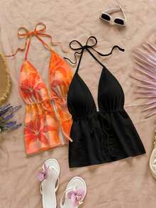 Set de 2 piezas de top de cuello halter con estampado de leopardo y negro liso, apropiado para verano y primavera en la playa - Multicolor 3 - Ver 6