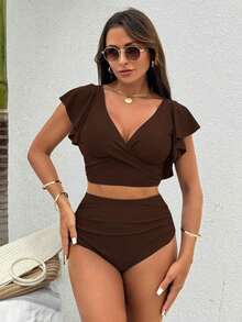 Conjuntos de ropa de baño de unicolor para mujer, simples y de moda para uso diario casual - Marrón - Ver 4