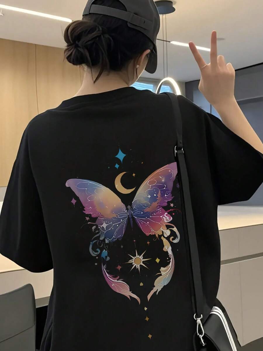 Camiseta de Manga Corta para Mujer, Cuello Redondo, Holgada, Versátil, Estampado de Mariposas, Largo Medio,  Primavera/Verano, Color
