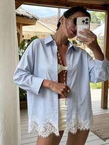 Blusa casual y holgada de mujer con rayas, parches de encaje, liviana y transpirable, de ajuste relajado para vacaciones, citas, uso diario, primavera - Negro - Ver 2