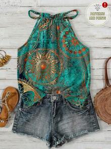 Top sin mangas con cuello de halter y estampado floral minimalista para mujer, adecuado para primavera/verano - Multicolor 5 - Ver 1