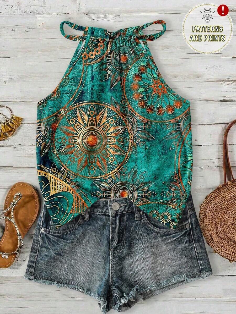 Top sin mangas con cuello de halter y estampado floral minimalista para mujer, adecuado para primavera/verano - Multicolor 5 - Ver 1