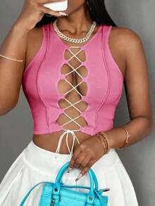 Top corto sin mangas con contraste de color acanalado, estilo casual básico, deportivo, sexy y de calle Y2K para mujeres - Rosa Fucsia 2 - Ver 7