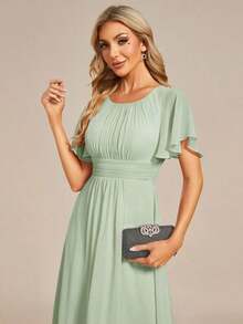 Vestido de dama de honor de gasa con pliegues y mangas con volantes, vestido de noche elegante para invitados de boda en primavera - verde menta - Ver 5