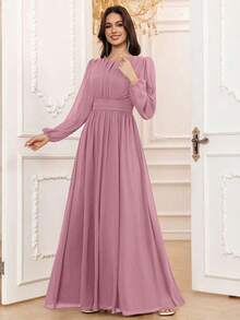 Vestido de dama de honor formal de gasa de manga larga hasta el suelo con corte evasé, color borgoña elegante, vestido de invitada de boda, mangas sin forro, primavera - Malva polvoriento - Ver 5