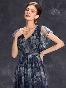 Vestido con estampado floral y mangas con volantes para mujer, vestido de madre de la novia para boda, vacaciones y primavera en color negro - Negro - Ver 6