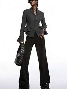 2026 Nueva Moda Minimalista Primavera/Verano Elegante Blazer Ajustado de Cintura Caqui para Mujer, Camisa de Negocios para Damas, Adecuado para el Trabajo, Se Puede Usar como Blazer, Blusa, Uniforme de Trabajo/Casual de Negocios/Atuendo de Oficina - Gris Oscuro - Ver 6