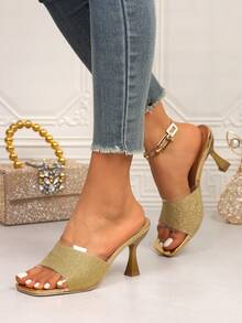 Women's Gold Glitter Kitten Heel Slides, Transparent PVC Square Toe Slip-On Mules Suitable For Parties - Gold - View 3
