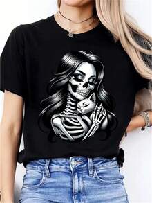 Cute Skull, I Love My Cat, Edition, Novelty Print, New Women's Casual Crew Neck Sports T-Shirt - 白色 - 查看 9