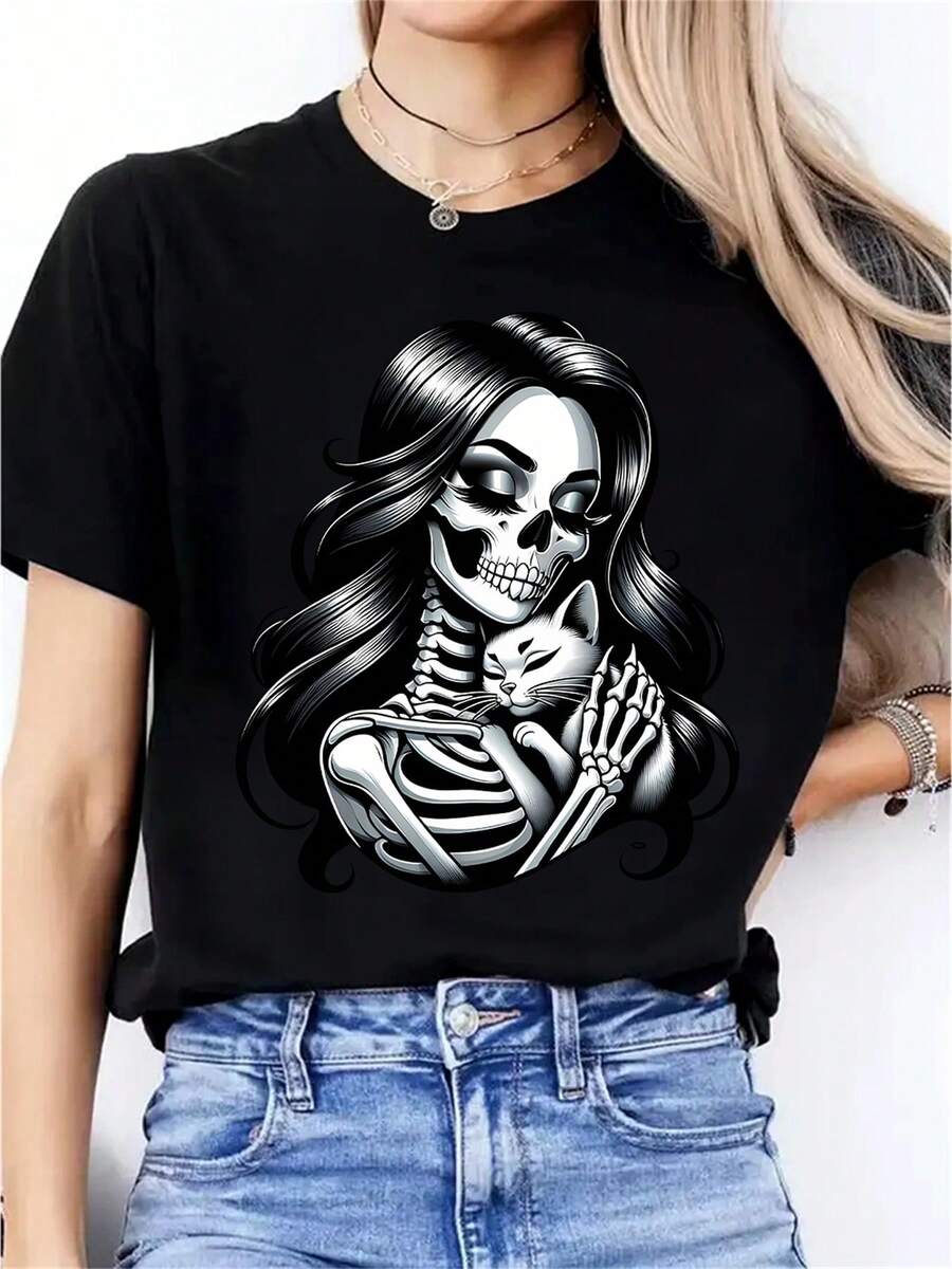 Cute Skull, I Love My Cat, Edition, Novelty Print, New Women's Casual Crew Neck Sports T-Shirt - 黑色 - 查看 1