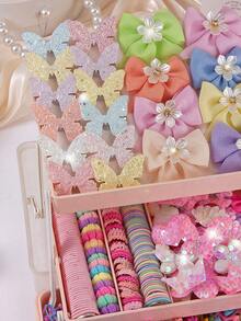 856pcs Macaron Color Hair Accessories Set For Girls, Including Assorted Glitter Butterfly Hair Clips, Fabric Rhinestone Flower & Bow Hair Clips, Pearl Flower Hair Clips, High Elastic Hair Ties, Suitable For Daily, Outing, Party - Multicolor - View 7
