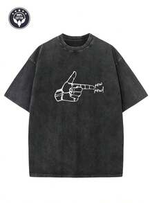 1 Piece "Bang Bang!" Pure Cotton 230g T-Shirt With Creative Print, Loose Fit, Dropped Shoulders, Urban Vintage Style For Men, Basic T-Shirt, Loose Fit, Hip-Hop Style, Unisex, Acid Washed, 100% Cotton. - 黑色 - 查看 1