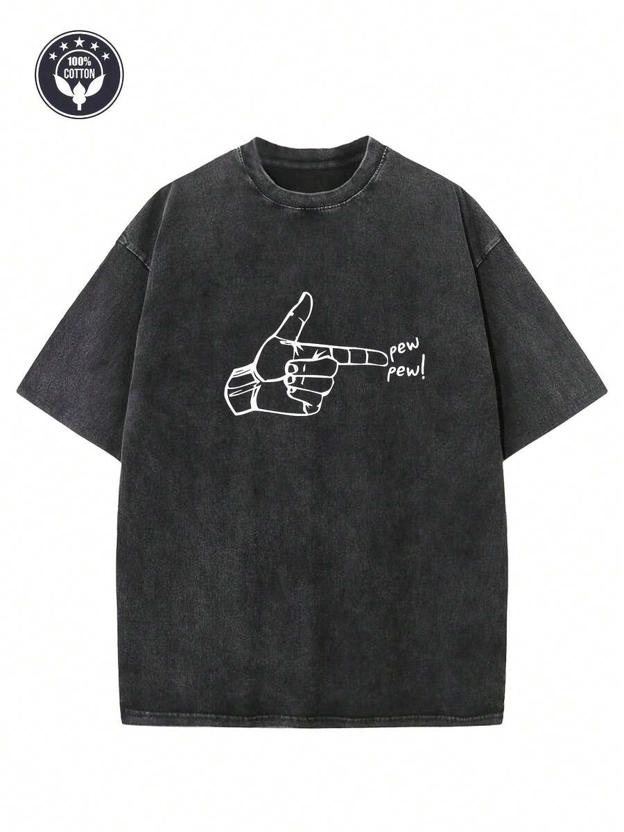 1 Piece "Bang Bang!" Pure Cotton 230g T-Shirt With Creative Print, Loose Fit, Dropped Shoulders, Urban Vintage Style For Men, Basic T-Shirt, Loose Fit, Hip-Hop Style, Unisex, Acid Washed, 100% Cotton. - 黑色 - 查看 1