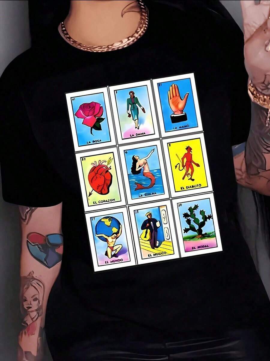 GiftEstampado inspirado en las cartas de la lotería mexicana con símbolos como la rosa el corazón y el diablito que representan amor fuerza y suerte camiseta para mujer 100% algodónSoft - Negro - Ver 1